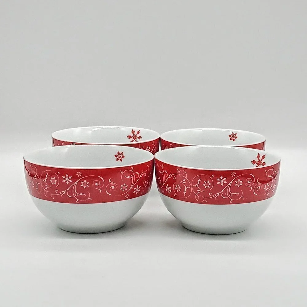 Clay Art Red Snowflake White Scroll Ceramic Bowls